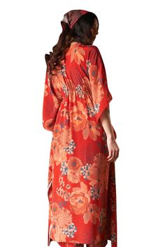 Red kaftan with all over floral Moroccan prints and embroidered placket. - Aza Fashions Flowy Red Printed Kaftan, Red Floral Print Kimono For The Beach, Red Flowy Kaftan With Kimono Sleeves, Red Maxi Length Kaftan For Spring, Red Maxi Kimono For Vacation, Red Spring Maxi Length Kaftan, Red Maxi-length Kimono For Vacation, Spring Red Maxi Length Kaftan, Red Kaftan With Floral Print And Kimono Sleeves