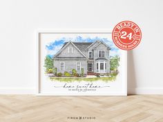 a watercolor painting of a house with the words, home sweet time on it