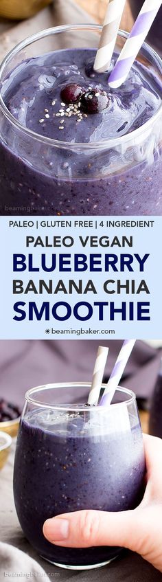 Paleo Blueberry Banana Chia Smoothie (V, GF, Paleo): a 4-ingredient recipe for antioxidant-rich and refreshing blueberry banana chia smoothies. #Vegan #GlutenFree #DairyFree | BeamingBaker.com Banana Chia Smoothie, Chia Smoothie, 4 Ingredient Recipes, Vegan Blueberry, Avocado Smoothie, Glutenfree Dairyfree