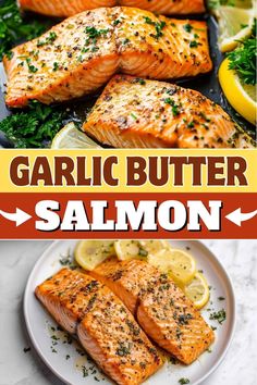 garlic butter salmon on a plate with lemons and parsley