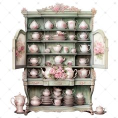 an antique china cabinet with pink flowers and tea cups on the top, is painted in pastel tones