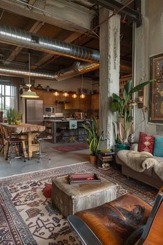 a living room filled with furniture and lots of plants on top of it's walls