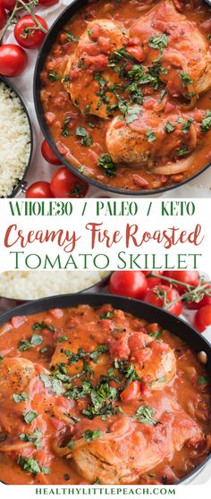 two pans filled with creamy fire roasted tomato skillet next to rice and tomatoes