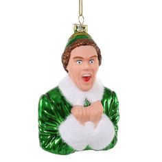 a green and white ornament with a man pointing to the side on a white background