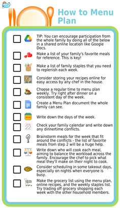 a menu with the words how to meal plan written in green and blue on it