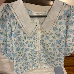 Brand New, Never Worn, Cutest Button Up Ever!! Just Didn’t Fit! Blue Peter Pan Collar Blouse For Spring, Blue Collar Top With Floral Print, Blue Floral Print Top With Collar, Delta Squad, Puff Sleeve Top, Blue Shirt, Puff Sleeve, Blue Green, Button Up