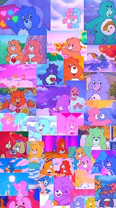 there are many different pictures of cartoon bears in the same photo, one is blue and the other is pink