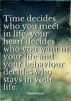 a quote with the words time decides who you meet in life your heart decides who you want