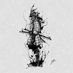 a black and white drawing of a samurai