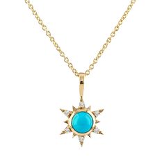 Description Genuine Round Sleeping Beauty Turquoise Gemstone Diamond Starburst Pendant Necklace Solid 14k Yellow Gold Handmade Necklace Jewelry ≫ Features * Items Code: SGN00686 * Metal: Solid 14K Yellow Gold with stamped * 18K also available - Additional fees may apply) * More options in gold color: Rose, yellow, White gold * Diamonds Wt.: 0.04 ct. * Diamond Color: G-H * Diamonds Clarity: SI * Diamonds Cut: Brilliant * Turquoise Wt.: 0.56 ct. Measurements: * Chain Length: 16" - 17" - 18" (Fixed Unique Turquoise Gemstone Necklace With Round Pendant, Luxury Turquoise Round Pendant Necklace, Spiritual Turquoise Round Pendant Necklace, Luxury Gold Turquoise Spiritual Necklace, Gold Handmade Necklace, Sleeping Beauty Turquoise Necklace, Handmade Gold Necklace, Starburst Pendant, Celestial Necklace