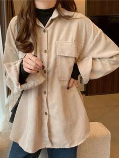 Voguable  Casual Women Corduroy Shirts Fashion Pockets Long Sleeve Spring Ladies Tops Solid Korean Loose Button Up Shirts voguable Trendy Beige Shirt With Buttons, Beige Button-up Winter Shirt, Beige Long Sleeve Winter Shirt, Winter Beige Button-up Shirt, Corduroy Pattern, Hip Hop Sweatpants, Women Cargo Pants, High Waist Fashion, Ladies Tops