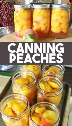 canning peaches in mason jars with text overlay