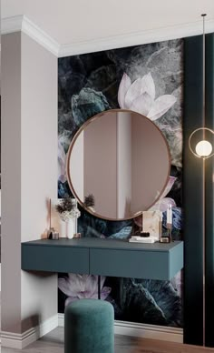 a vanity with a mirror and stool in front of a floral wallpapered wall