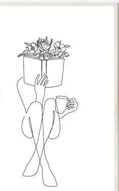 a black and white drawing of a person holding a flower pot