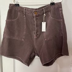 Unisex Brand Nsf Fabrics To Die For Great Mauve Purple Lilac Overdyed Denim Fabric 100% Cotton Wear At Natural Waist For A Chic Relaxed Fit Or A Lil Oversized Slung Low. High Rise Washed Cotton Shorts, Brown Denim Bottoms With Frayed Hem, Brown High Rise Bottoms With Frayed Hem, Cotton Jean Shorts With Pockets, Spring High Rise Utility Jean Shorts, Jean Shorts With Pockets For Fall, Spring Utility Mid-rise Jean Shorts, Utility Style Bottoms For Fall, Short Length, Utility Style Fall Bottoms Short Length