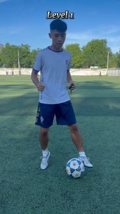 a young man standing in front of a soccer ball on a field with the words level 1 above him