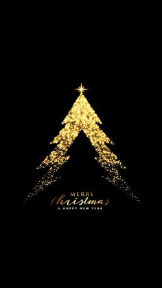 a gold christmas tree on a black background with the words merry christmas written below it