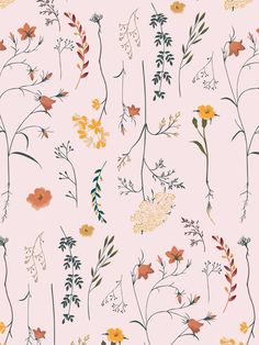 a pink wallpaper with flowers and plants on it