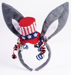 Celebrate your freedom in this comfortable Democratic donkey ear headband featuring an attached mini Uncle Sam hat and patriotic ribbons! Donkey Ears, 20s Headband, Patriotic Costumes, Patriotic Headband, Usa Party, Patriotic Hats, Novelty Hats, Grey Fur, Halloween Costume Accessories