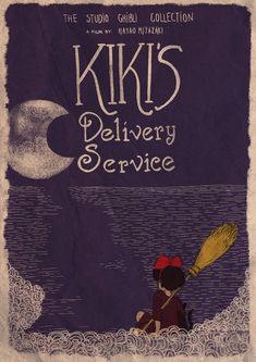 an advertisement for kiki's delivery service with a girl in a boat on the water