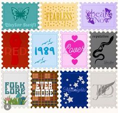 stamps with different designs on them and the words love, peace, music, art