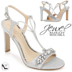 Jewel Badgley Mischka Peaches Crystal Adorned Glitter Stilettos Silver Dress Shoes Evening Pumps Heels Size 10 New In Box Chic And Elegant Sandals. Peaches Is Sweet, And She Knows She’s Something Special. These Stiletto Sandals Are Designed For Your Most Long-Awaited Events Of The Season. Choose Peaches To Step Into Summer With Glitter Beneath Your Toes And Joy In Your Heart! These Stunning Stiletto Sandals Feature A 3 ¾” Heel And A Luxuriously Feminine, Crystal-Adorned Vamp. Shimmer All Night L Luxury Glamorous Open Toe Wedge Sandals, Luxury Evening Wedge Sandals, Luxury Evening Open Toe Wedge Sandals, Luxury Glamorous Wedge Heel Sandals, Luxury Silver Open Toe Wedge Sandals, Luxury Elegant Wedge Sandals With Open Heel, Silver Dress Shoes, Champagne Heels, Gold Block Heels