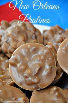 some cookies with peanut butter on top and the words new orleans pralines