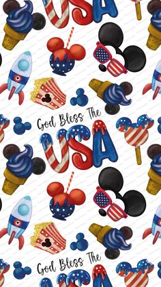 mickey mouse and other patriotic items with the words god bless the usa on them in red, white, and blue