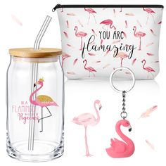 two flamingos and a purse with the words you are hanging on it, including a keychain