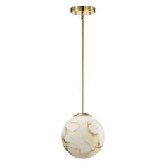 a white marble ball hanging from a brass plated ceiling light with an adjustable arm