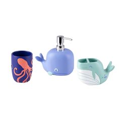 three bathroom accessories including a soap dispenser, toothbrush holder and cup