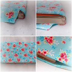 four different views of the inside of a flowered notebook case with a pen sticking out of it