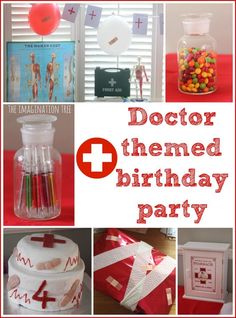 doctor themed birthday party with red and white decorations