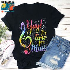 ✔️ TITTLE : Yay It's Time For Music Teacher T-Shirt, Music Shirt, Teacher Life Shirt, Teacher Shirt, Gift For Teacher ✔️ IMPORTANT: Both Men and Women can we our shirts because this is unisex style t-shirts; Wash item inside out in cold water, do not bleach, do not dry clean, do not iron directly on the design. ✔️ MATERIAL DETAILS: 5.3-ounce, 100% cotton (99/1 cotton/poly (Ash) & 90/10 cotton/poly (Sport Grey); Heavyweight classic unisex tee; Taped neck and shoulders; Tearaway label ;Decoration Music-themed Slogan Crew Neck Top, Music-themed Slogan Tops With Crew Neck, Multicolor Band Merch T-shirt With Letter Print, Music-themed Slogan Top With Crew Neck, Music-themed Slogan Tops For Concerts, Music-themed Short Sleeve Tops For Music Festivals, Summer Music-themed Tops With Graphic Design, Music-themed Cotton Slogan Tops, Music-themed Cotton Tops With Slogan