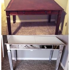 a table with mirrored top and drawers on the bottom is shown before and after it was refinished