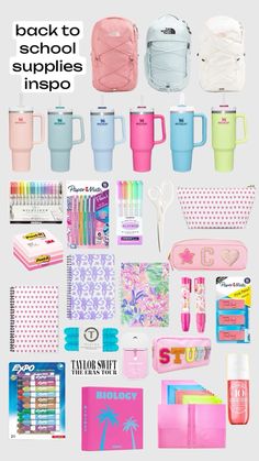 the back to school supplies inspo is shown in pink, blue and green colors