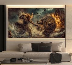 a living room with a large painting on the wall and a couch in front of it