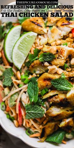 Thai chicken noodle salad with grilled chicken satay, crisp veggies, chopped peanuts, fresh herbs, and spicy peanut dressing. Cheeseburger Egg Rolls Recipe, Egg Roll Recipes, Egg Rolls, Rolls Recipe, Cheeseburger, Rolls