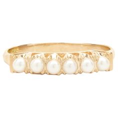 Designer: custom Material: 18K yellow gold Dimensions: ring top measures 3.8mm wide Ring Size: 7 (complimentary sizing available) Weight: 2.32 grams Wide Ring, Vintage Pearl, Wide Rings, Vintage Band, Vintage Pearls, Ring Size 7, Band Rings, Jewelry Rings, Ring Size