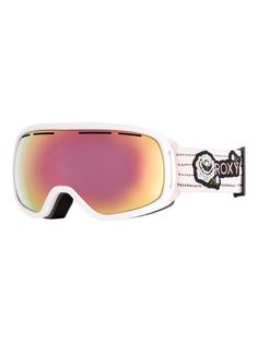 a pair of ski goggles that are white with pink mirror lenses on the side