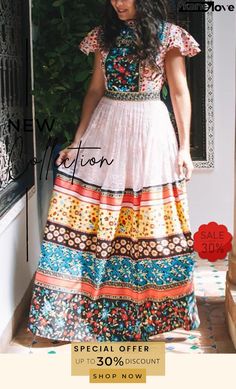 Vintage Print Lace Maxi Dress Bohemian A-line Dress With Flowy Skirt, Multicolor Flowy Maxi Dress For Party, Floral Print Long Skirt Dress For Party, Floral Print Long Skirt Party Dress, Long Skirt Party Dress With Floral Print, Party Dress With Floral Print And Long Skirt, Bohemian A-line Maxi Dress For Garden Party, Printed Long Skirt Dress For Vacation, Chic Multicolor Flowy Maxi Dress