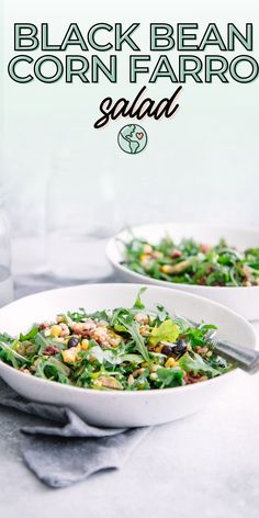 two white bowls filled with black bean and corn salad on top of a gray table