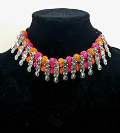 Afghani choker, Afghani jewelry, thread necklace, colorful choker, tribal jewelry, bohemian necklace, ethnic jewelry, oxidized silver, India Fusion Style Multicolor Necklace With Oxidized Finish, Multicolor Oxidized Fusion Necklace, Multicolor Metal Choker For Festivals, Multicolor Metal Necklace With Oxidized Finish, Bohemian Orange Necklaces For Festive Occasions, Bohemian Orange Necklace For Festive Occasions, Pink Bohemian Choker For Festivals, Fusion Style Choker Necklaces For Festivals, Multicolor Oxidized Finish Necklace For Festive Occasions