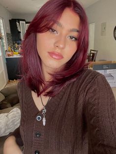 Burgundy Hair On Short Hair, Red Hair Shoulder Length Straight, Dark Cherry Red Hair Medium Length, Cherry Red Hair Straight, Burgundy Red Short Hair, Burgundy Hair Without Bleach, Mid Length Dark Red Hair, Wine Red Hair Medium Length, Short Red Hair Curtain Bangs