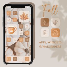 an iphone with fall icons and wallpapers on it