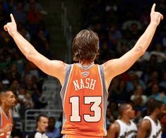 a basketball player with his arms in the air and one hand raised up to the sky