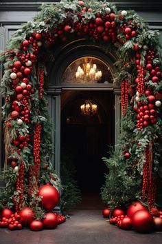 an archway decorated with christmas decorations and greenery