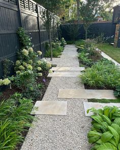 a garden with gravel walkway and plants in the foreground, next to a black fence