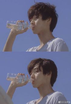 two pictures of a man drinking water from a plastic bottle and then looking up at the sky