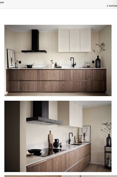 two pictures of a kitchen with wooden cabinets